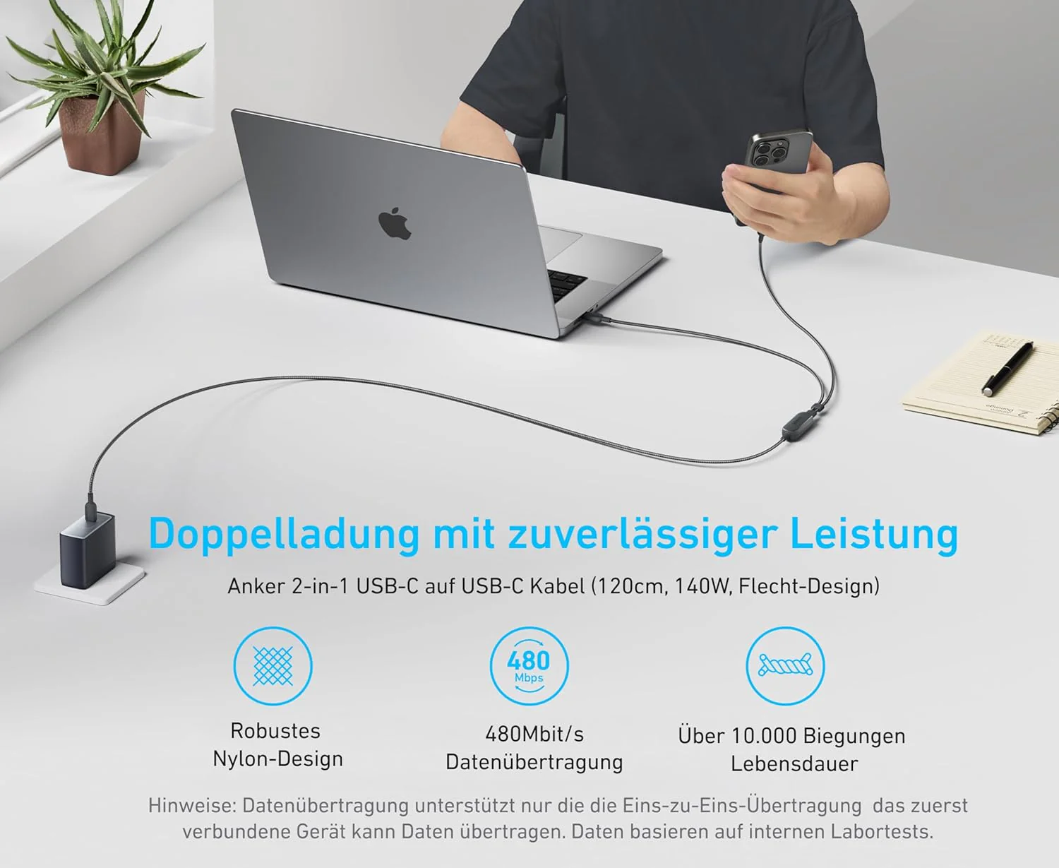 Anker 2-in-1 USB-C auf USB-C Kabel (120cm, 140W, Flecht-Design) - Image 6