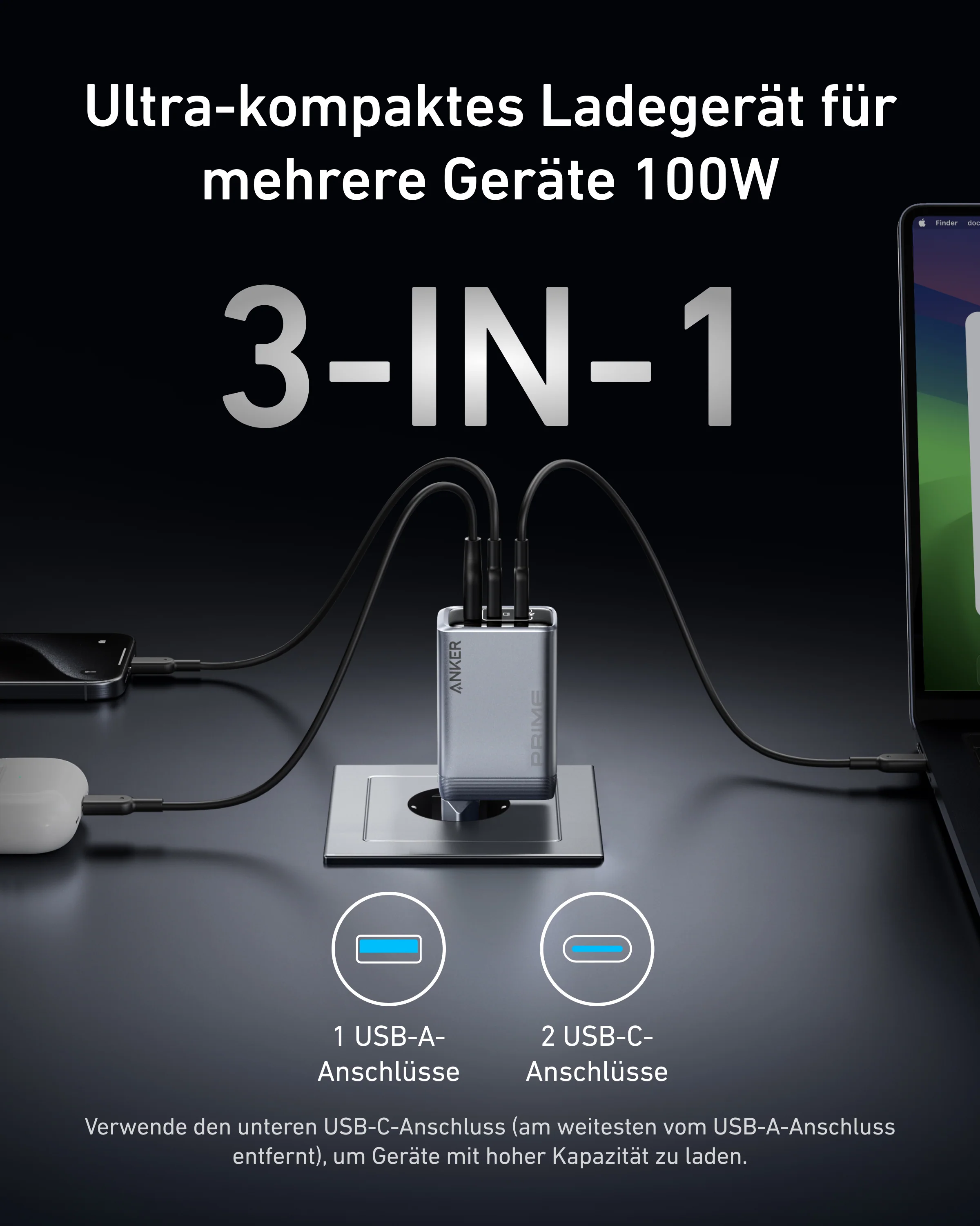Anker Prime Ladegerät (100W, 3 Ports, GaN) - Image 3