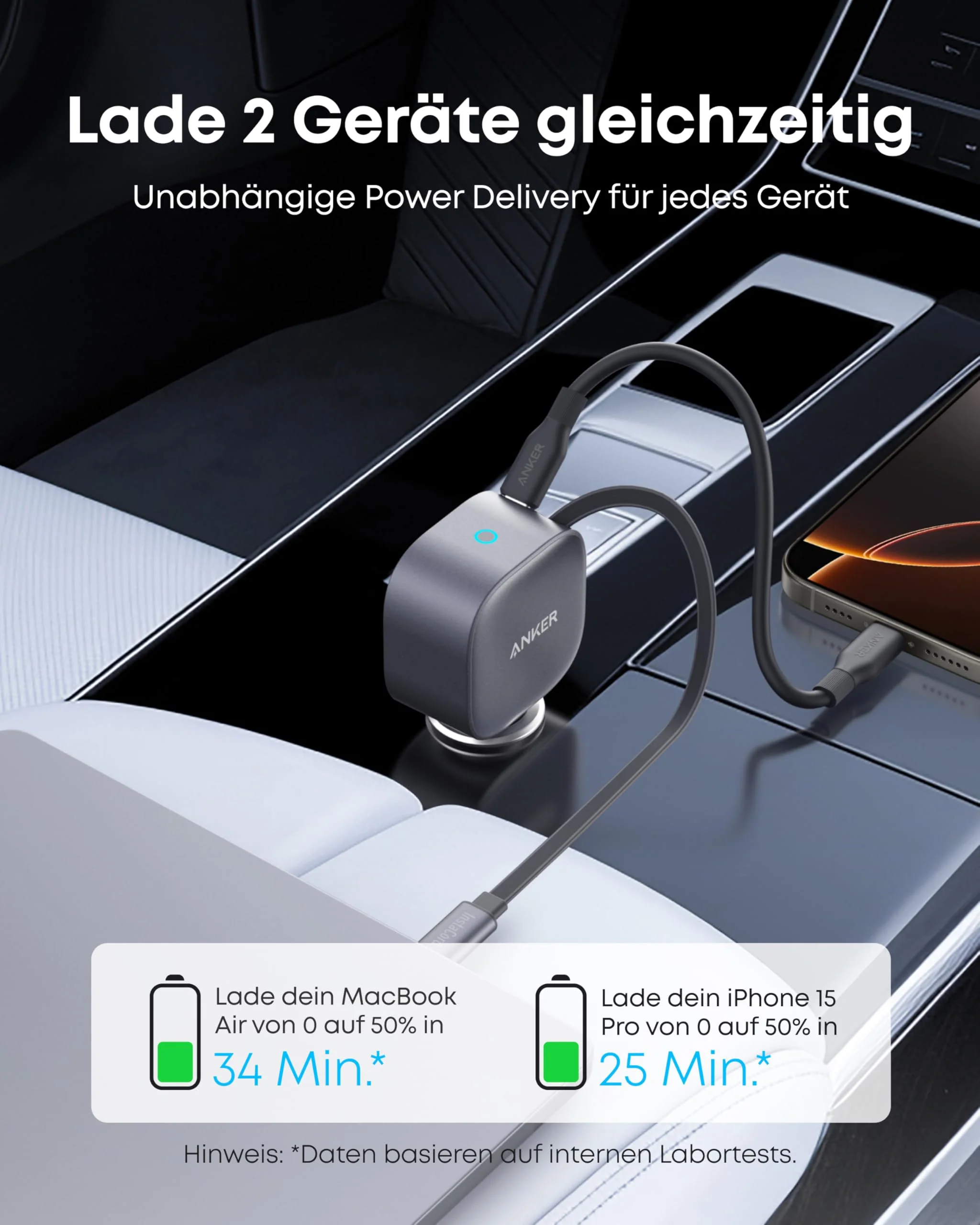 Anker Nano Kfz-Ladegerät (75W, USB-C Port, Integriertes einziehbares USB-C Kabel) - Image 3
